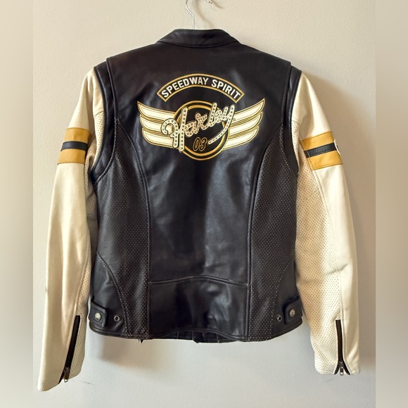 Harley-Davidson Women's Black and Cream Leather Jacket with Gold Accents - Picture 2 of 7